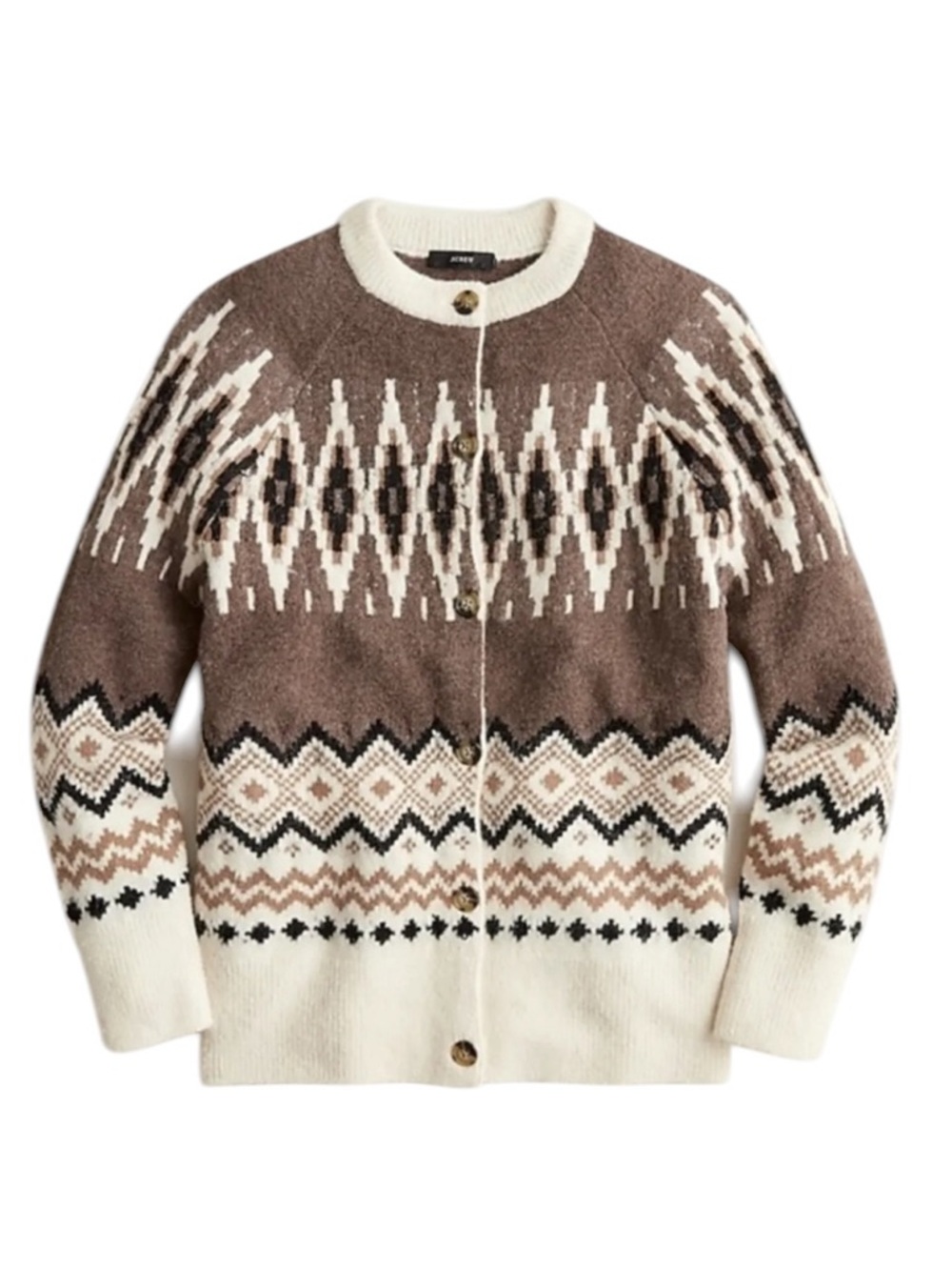 J. Crew Sweater Wool Blend Fair Isle Cardigan S Brown Cream Relaxed Fit Fall